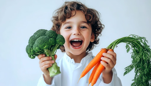 Smiling child holding broccoli and carrots to promote healthy eating habits for kids.
