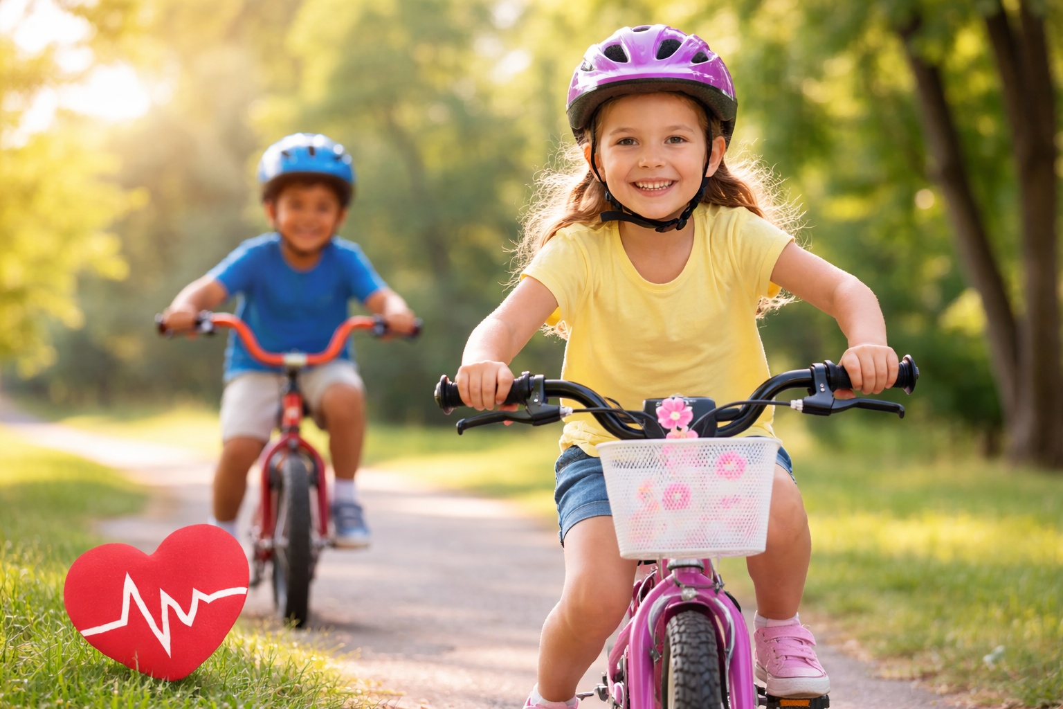 Two children riding bikes outdoors to promote children’s heart health and active lifestyles