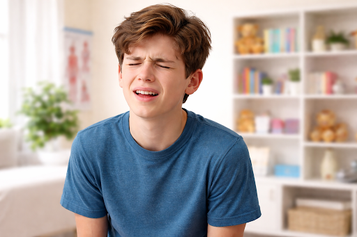 Teenage boy in a blue T-shirt sitting in a pediatric clinic, eyes closed with a pained expression on his face while seated indoors.