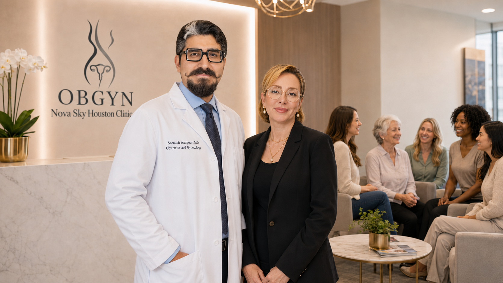 Dr. Aalipourbirgani and a woman next to the clinic front desk and awaiting patients