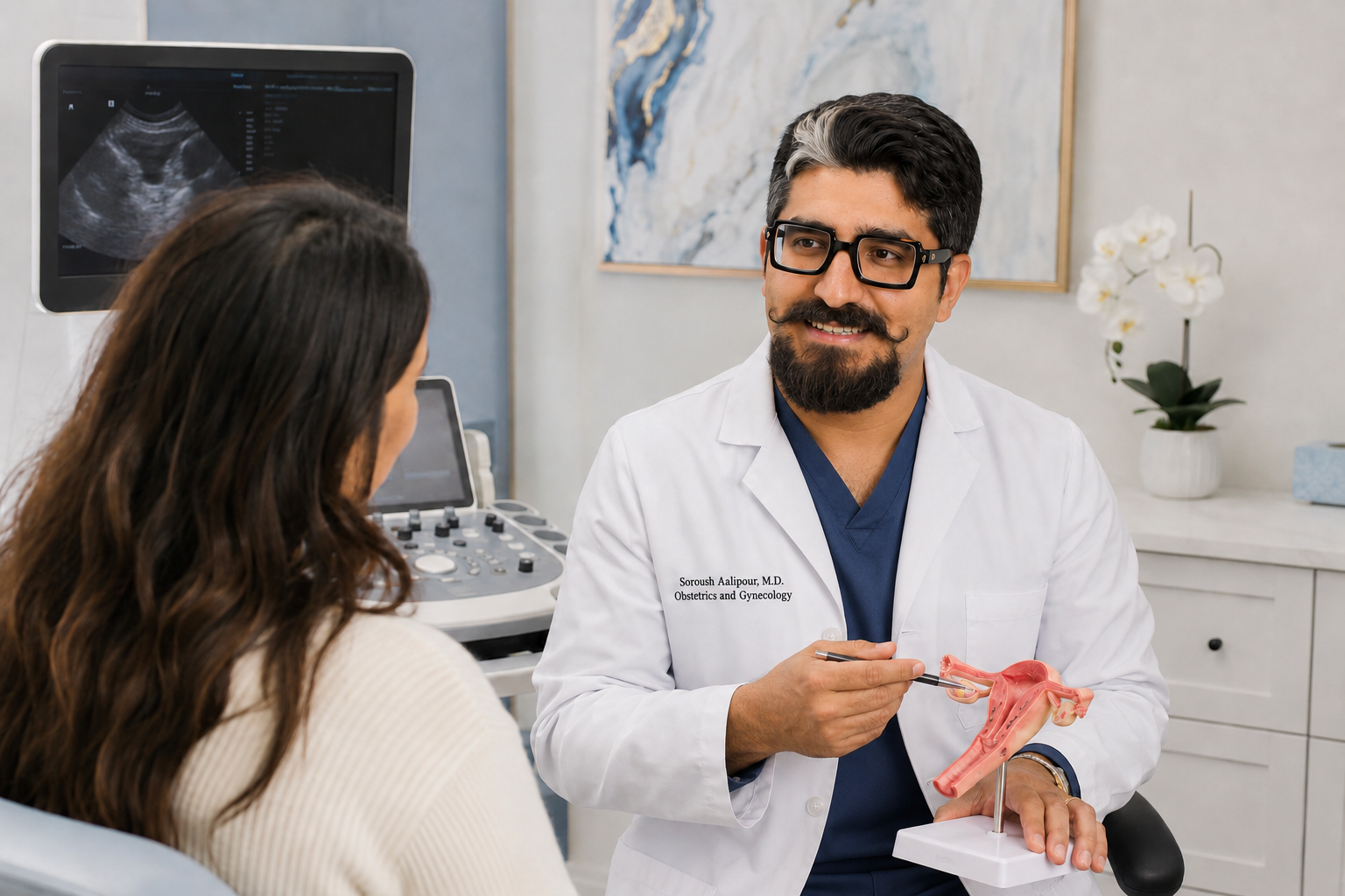 A physician discussing the uterus with a patient