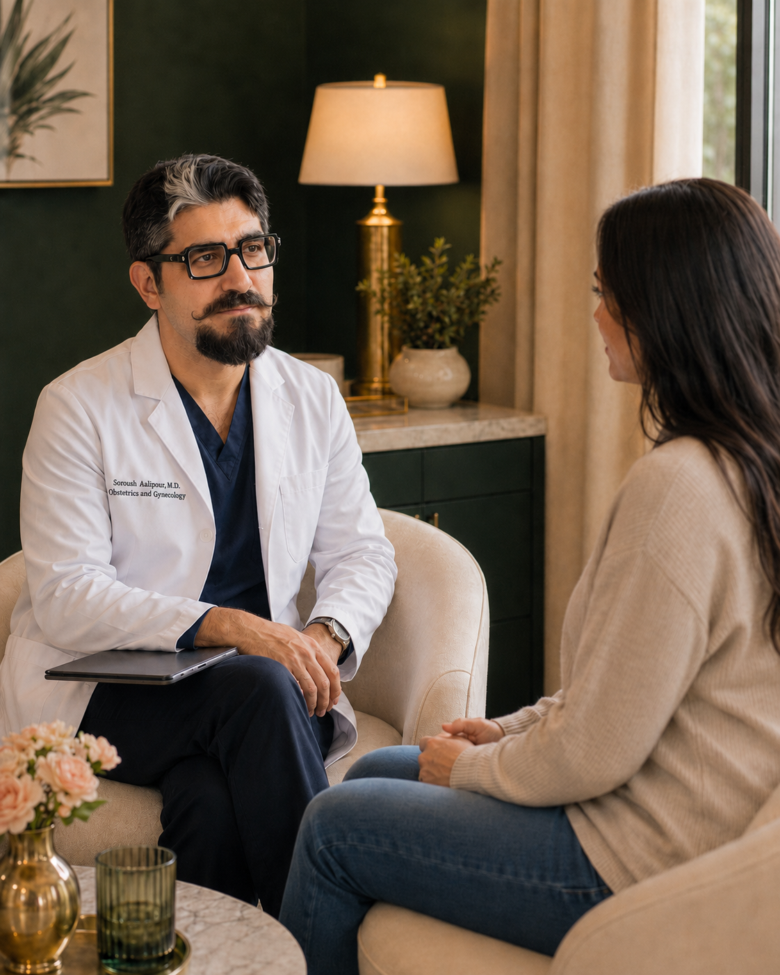 A physician listening to a patient talking