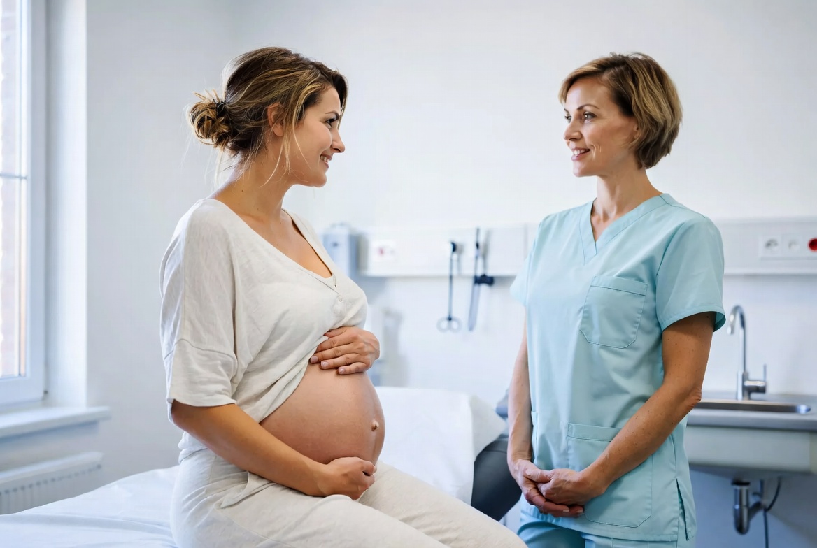 A pregnant patient holding her stomach and looking at a physician