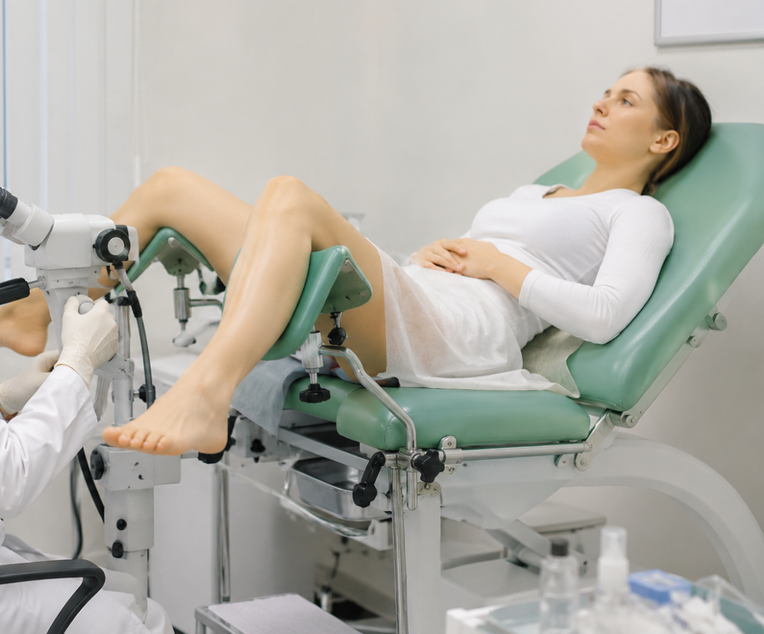 A patient and physician during a gynecologic procedure