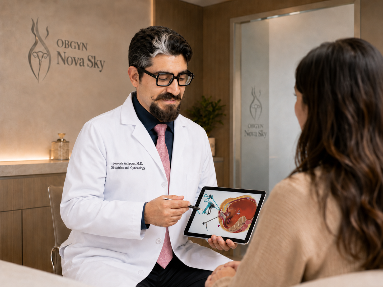 A physician discussing a surgical procedure with a patient