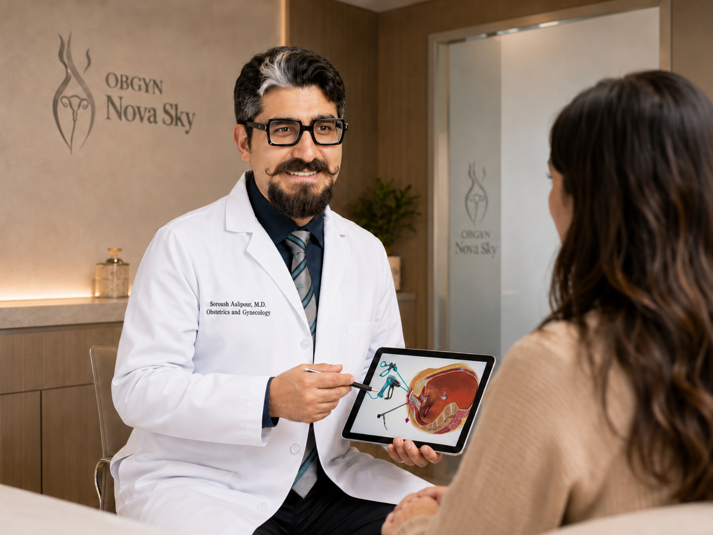 A physician discussing a surgery with a patient