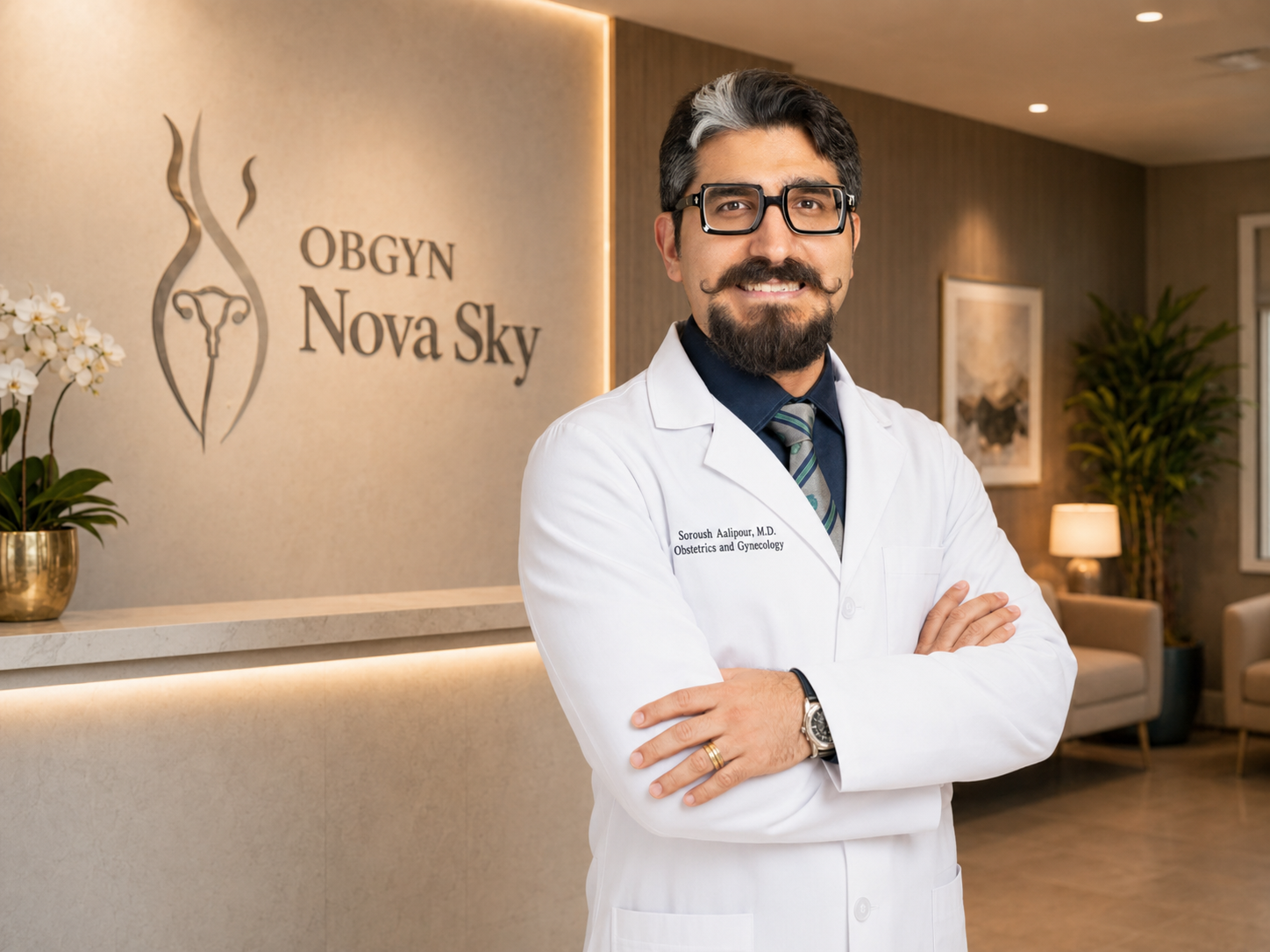 Dr. Aalipour smiling at the camera, standing by the front desk