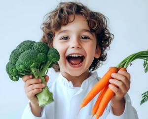 Smiling child holding broccoli and carrots to promote healthy eating habits for kids.