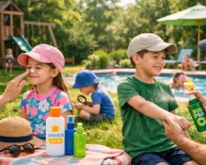 Parents applying sunscreen and bug spray to children in a sunny backyard with a pool and playset.
