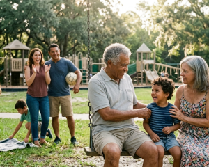 A family outside together at a park