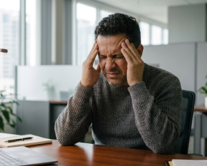 A man with his hands to his temples with a migraine