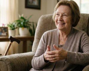 A smiling woman sitting on an armchair