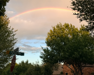 Rainbow in a cloudy sky above a neighborhood.