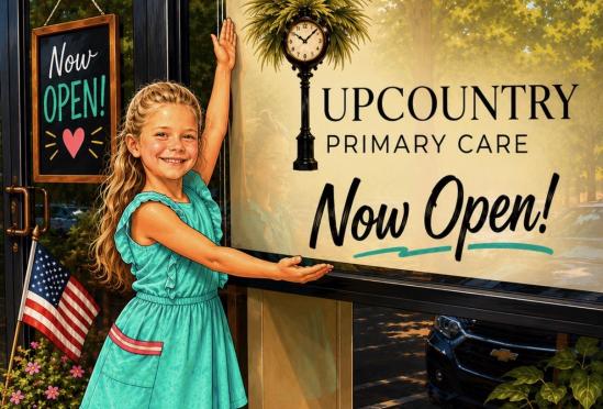 A young girl pointing her arms at the Upcountry logo