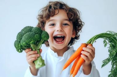 Smiling child holding broccoli and carrots to promote healthy eating habits for kids.