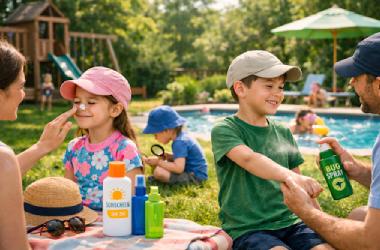 Parents applying sunscreen and bug spray to children in a sunny backyard with a pool and playset.