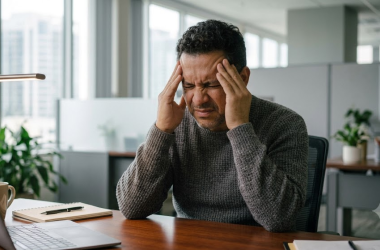 A man with his hands to his temples with a migraine
