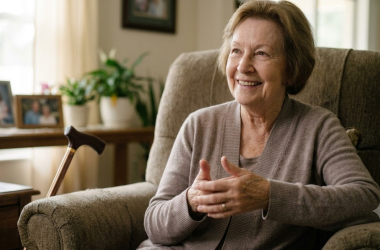 A smiling woman sitting on an armchair