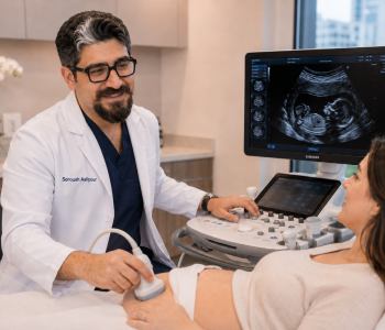 Soroush Aalipour conducting an ultrasound with a patient